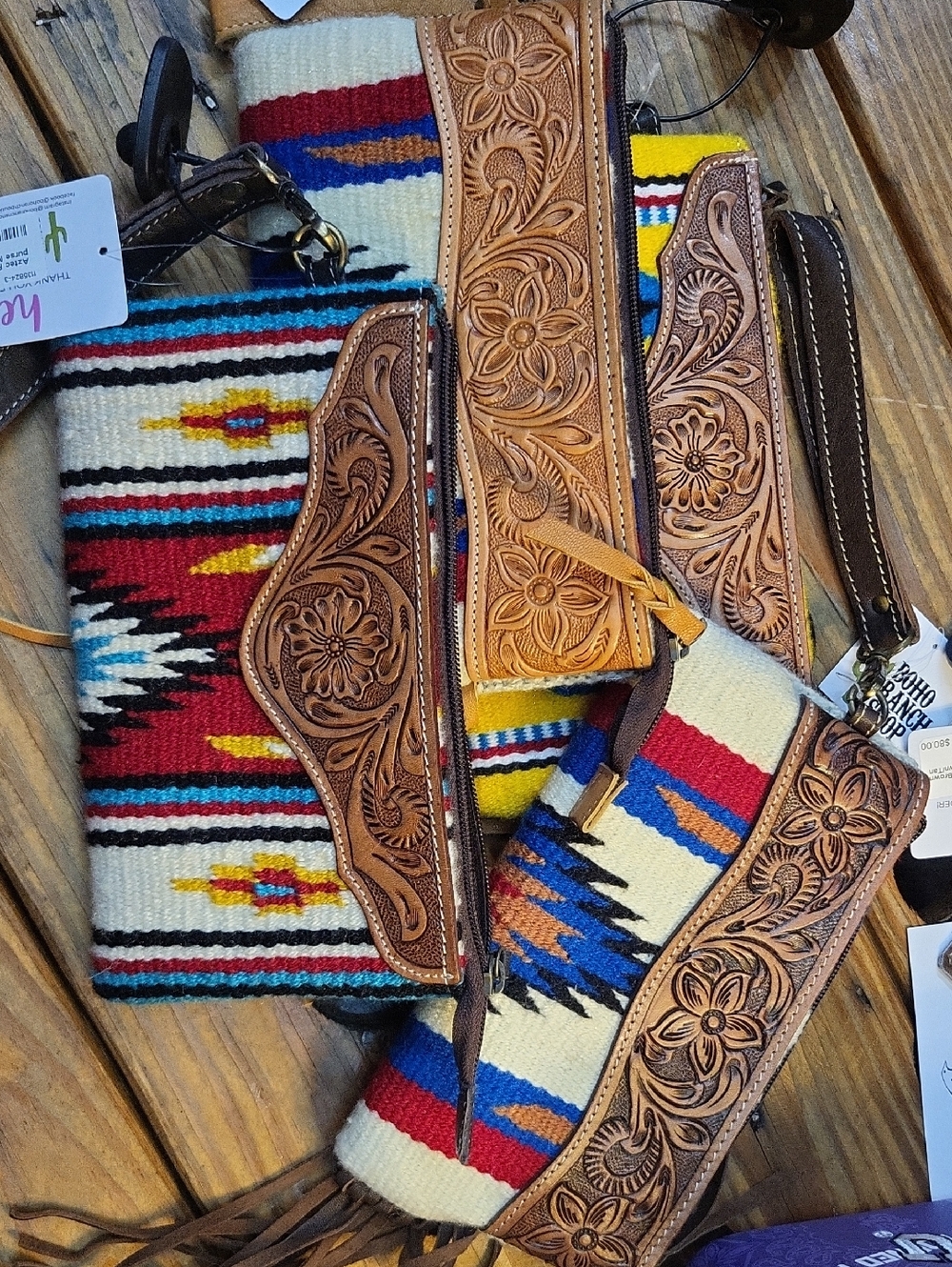 Boho Tooled Leather & Southwestern Pattern Wristlet Clutch - Multi/Tan